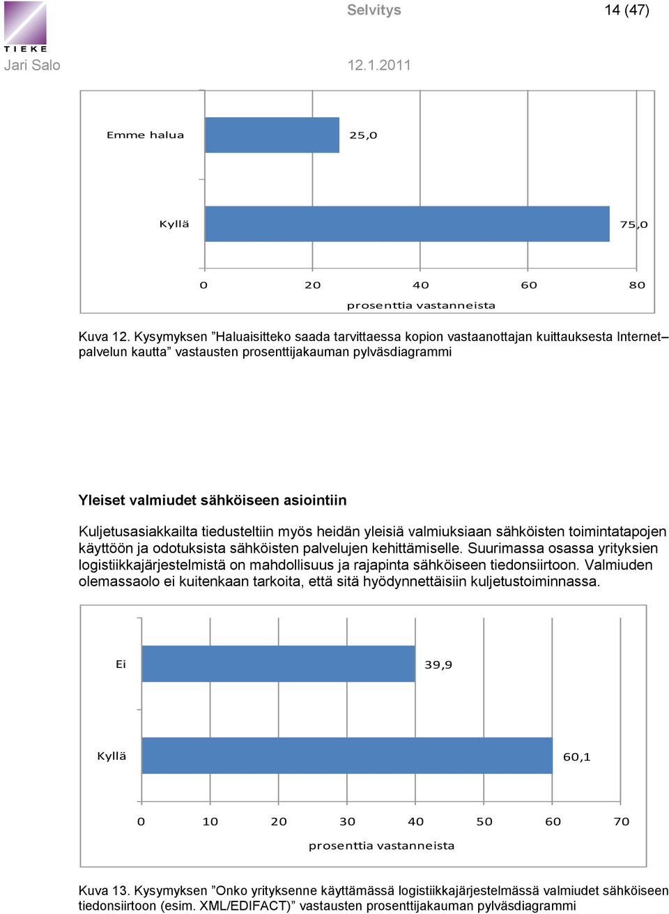 Kuljetusasiakkailta tiedusteltiin myös heidän yleisiä valmiuksiaan sähköisten toimintatapojen käyttöön ja odotuksista sähköisten palvelujen kehittämiselle.