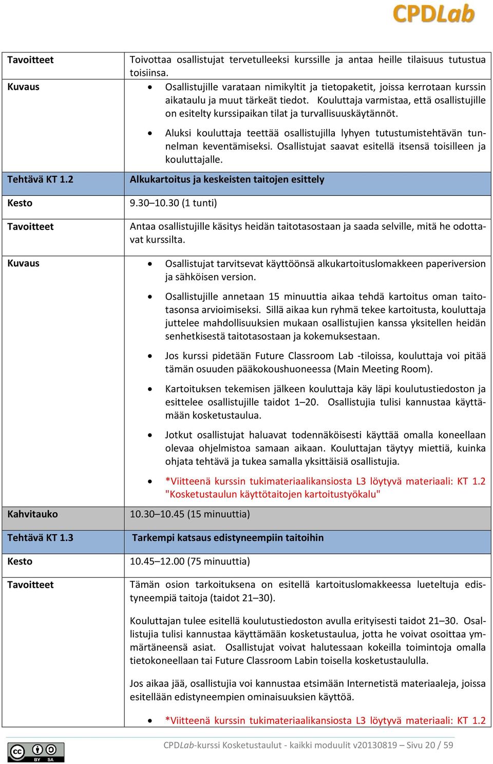 Kouluttaja varmistaa, että osallistujille on esitelty kurssipaikan tilat ja turvallisuuskäytännöt. Tehtävä KT 1.