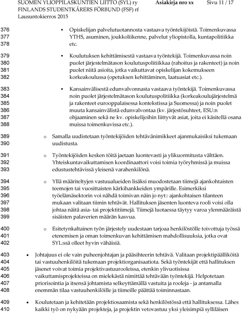 Timenkuvassa nin pulet järjestelmätasn kulutusplitiikkaa (rahitus ja rakenteet) ja nin pulet niitä asiita, jtka vaikuttavat piskelijan kkemukseen krkeakulussa (petuksen kehittäminen, laatuasiat etc.). Kansainvälisestä edunvalvnnasta vastaava työntekijä.