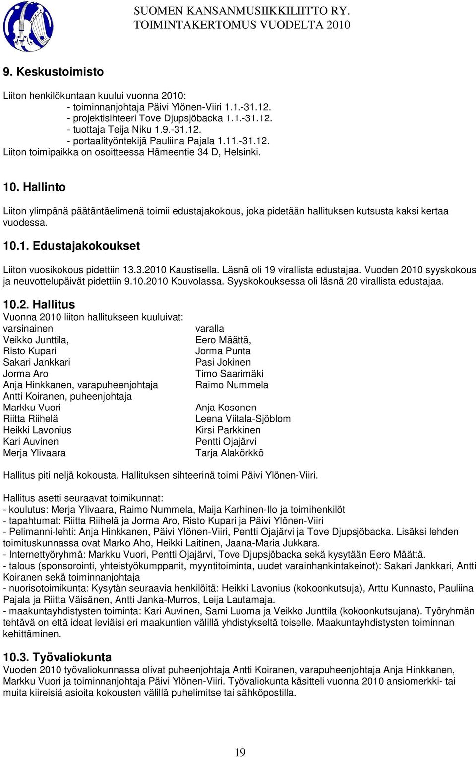 3.2010 Kaustisella. Läsnä oli 19 virallista edustajaa. Vuoden 2010 syyskokous ja neuvottelupäivät pidettiin 9.10.2010 Kouvolassa. Syyskokouksessa oli läsnä 20 virallista edustajaa. 10.2. Hallitus