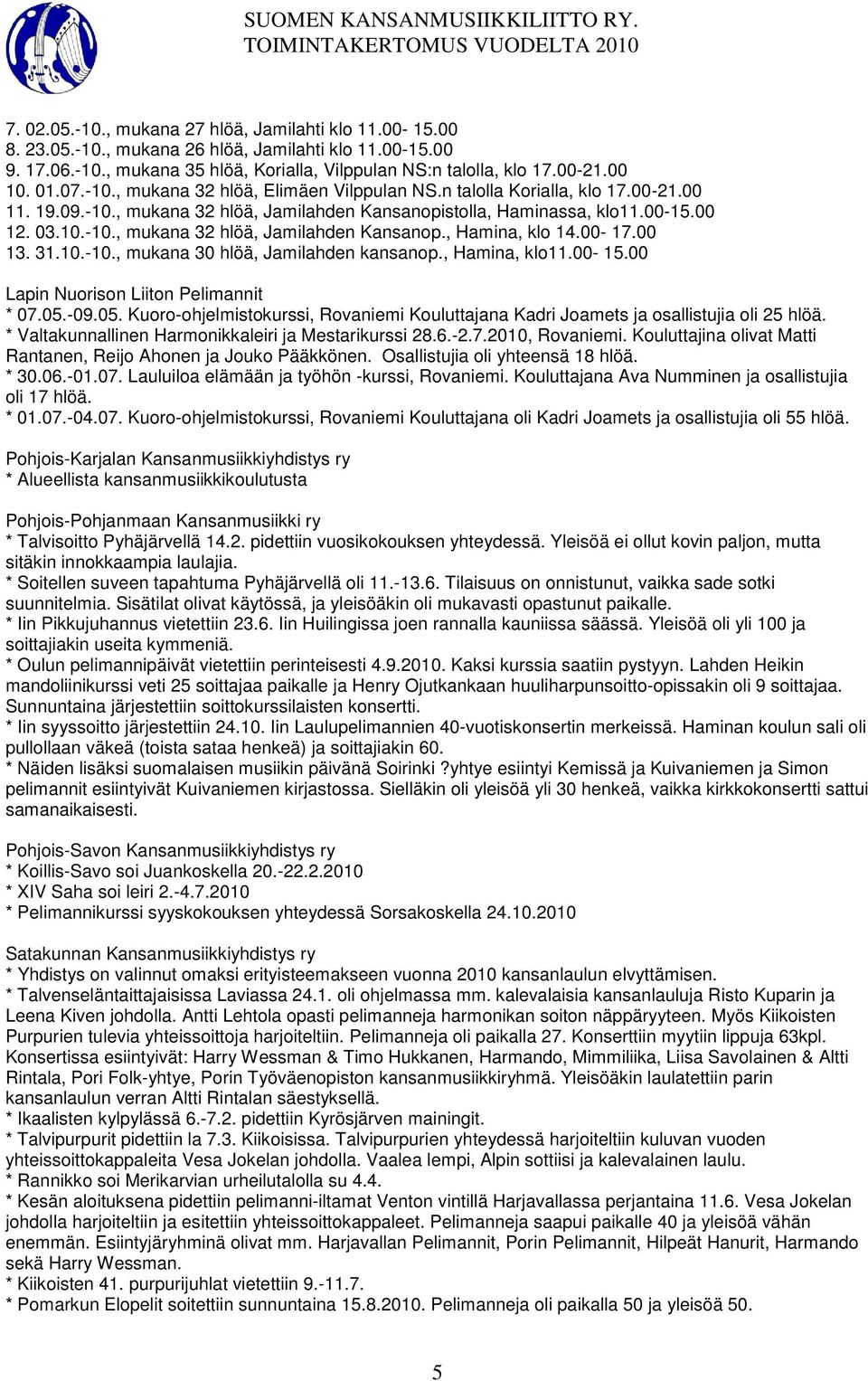 00-17.00 13. 31.10.-10., mukana 30 hlöä, Jamilahden kansanop., Hamina, klo11.00-15.00 Lapin Nuorison Liiton Pelimannit * 07.05.