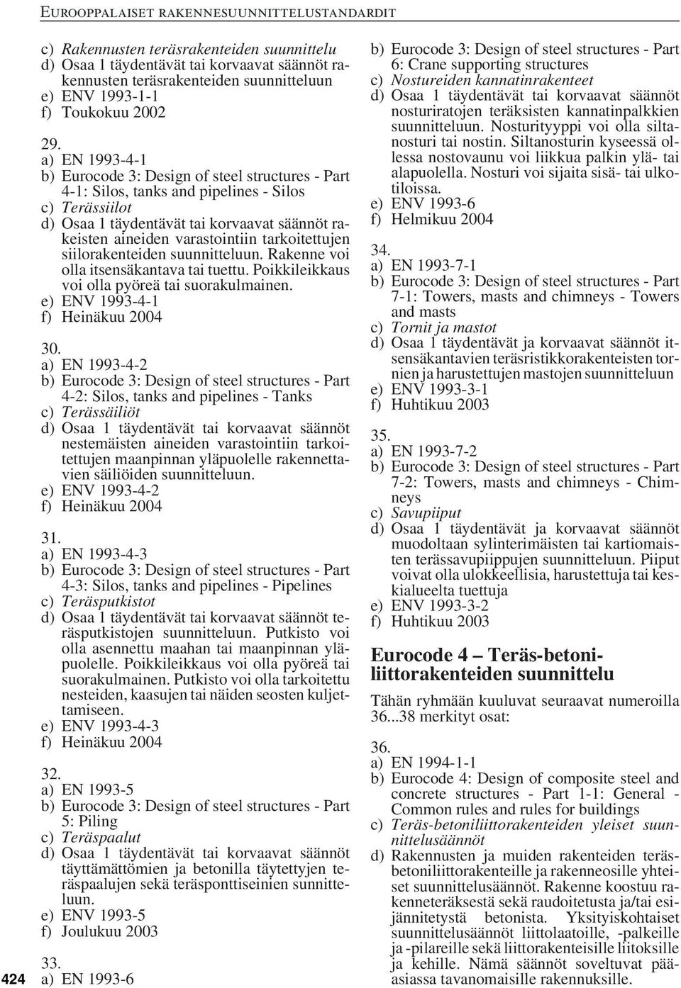 Rakenne voi olla itsensäkantava tai tuettu. Poikkileikkaus voi olla pyöreä tai suorakulmainen. e) ENV 1993-4-1 f) Heinäkuu 2004 30.