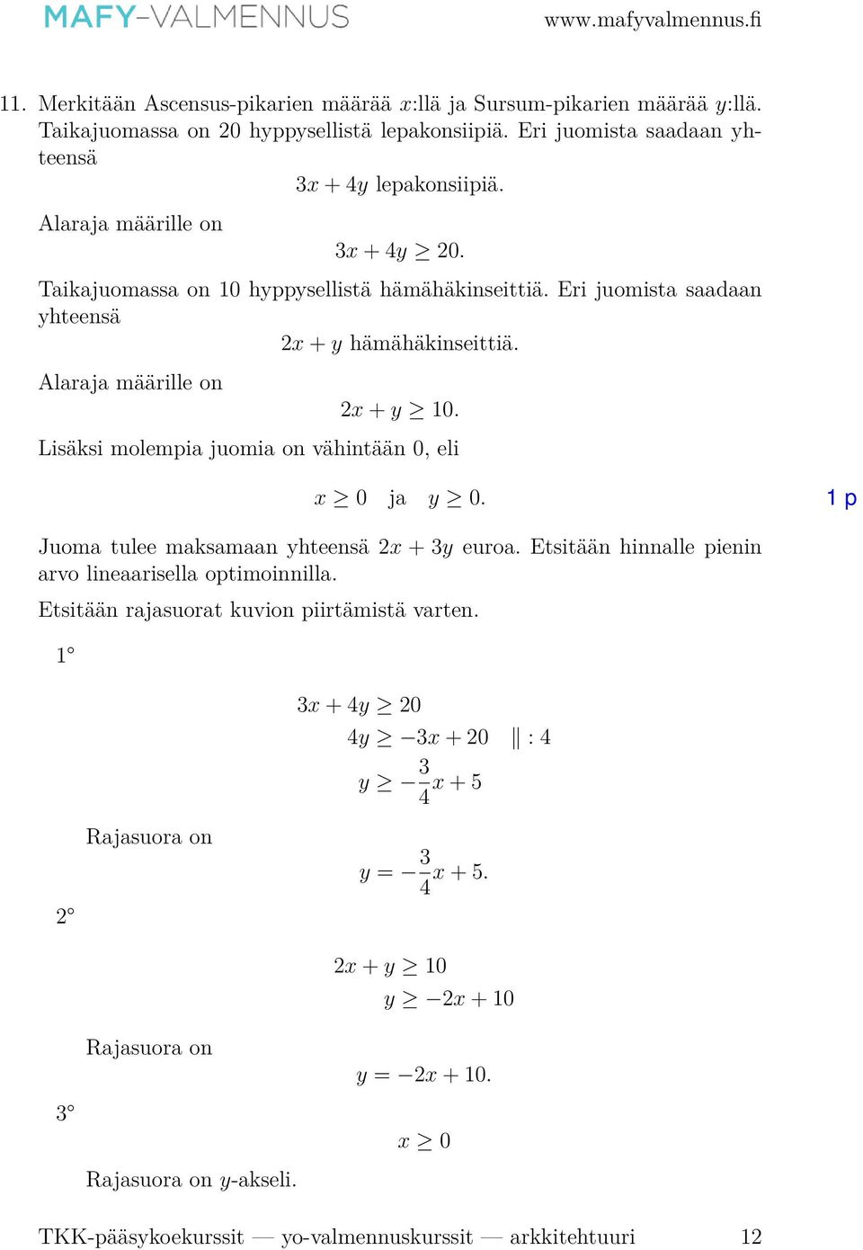 Lisäksi molempia juomia on vähintään 0, eli x 0 ja y 0. Juoma tulee maksamaan yhteensä x + y euroa. Etsitään hinnalle pienin arvo lineaarisella optimoinnilla.