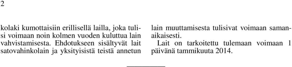 Ehdotukseen sisältyvät lait satovahinkolain ja yksityisistä teistä annetun