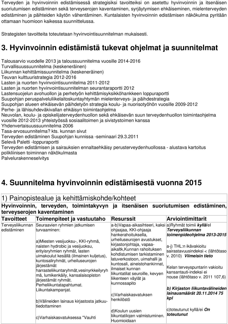 Strategisten tavoitteita toteutetaan hyvinvointisuunnitelman mukaisesti. 3.