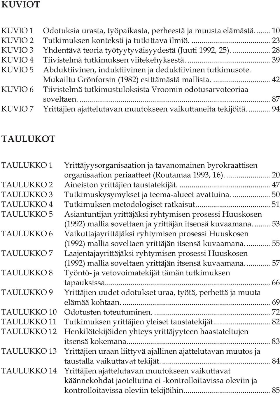 ... 42 KUVIO 6 Tiivistelmä tutkimustuloksista Vroomin odotusarvoteoriaa soveltaen.... 87 KUVIO 7 Yrittäjien ajattelutavan muutokseen vaikuttaneita tekijöitä.