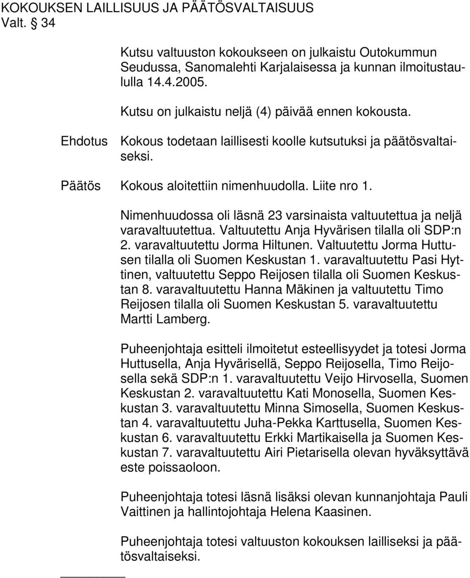 Nimenhuudossa oli läsnä 23 varsinaista valtuutettua ja neljä varavaltuutettua. Valtuutettu Anja Hyvärisen tilalla oli SDP:n 2. varavaltuutettu Jorma Hiltunen.