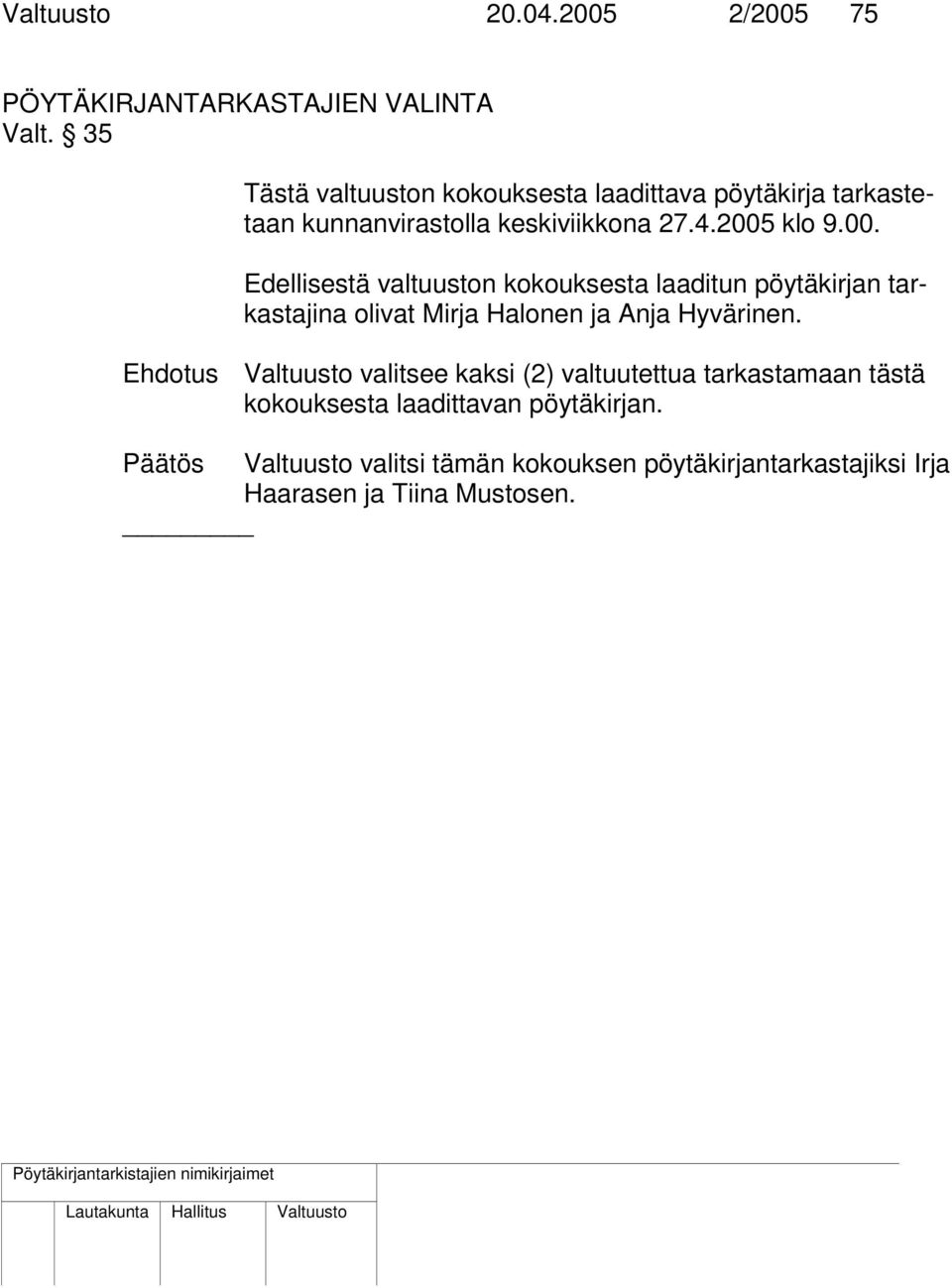 klo 9.00. Edellisestä valtuuston kokouksesta laaditun pöytäkirjan tarkastajina olivat Mirja Halonen ja Anja Hyvärinen.