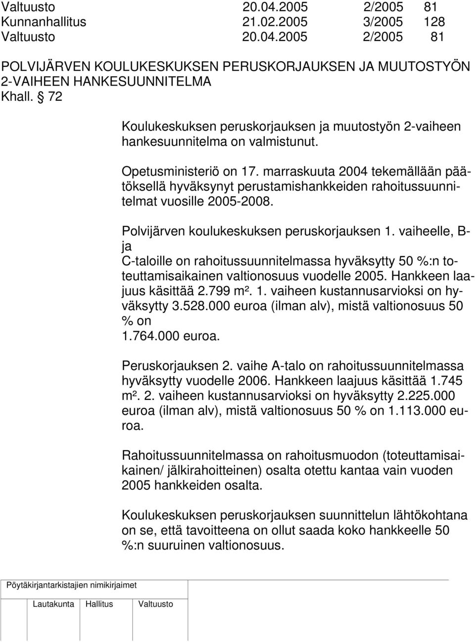 marraskuuta 2004 tekemällään päätöksellä hyväksynyt perustamishankkeiden rahoitussuunnitelmat vuosille 2005-2008. Polvijärven koulukeskuksen peruskorjauksen 1.