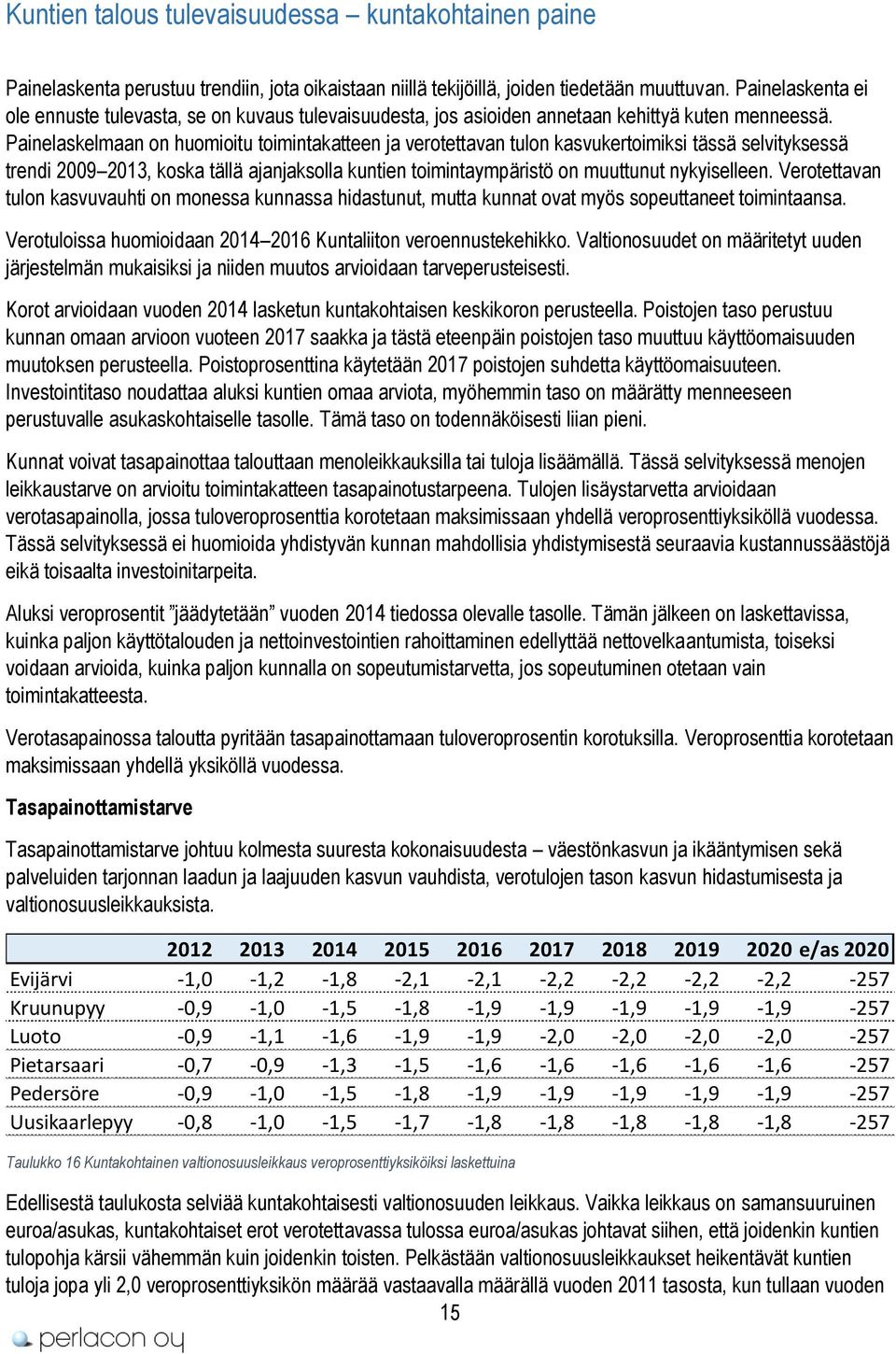 Painelaskelmaan on huomioitu toimintakatteen ja verotettavan tulon kasvukertoimiksi tässä selvityksessä trendi 2009 2013, koska tällä ajanjaksolla kuntien toimintaympäristö on muuttunut nykyiselleen.