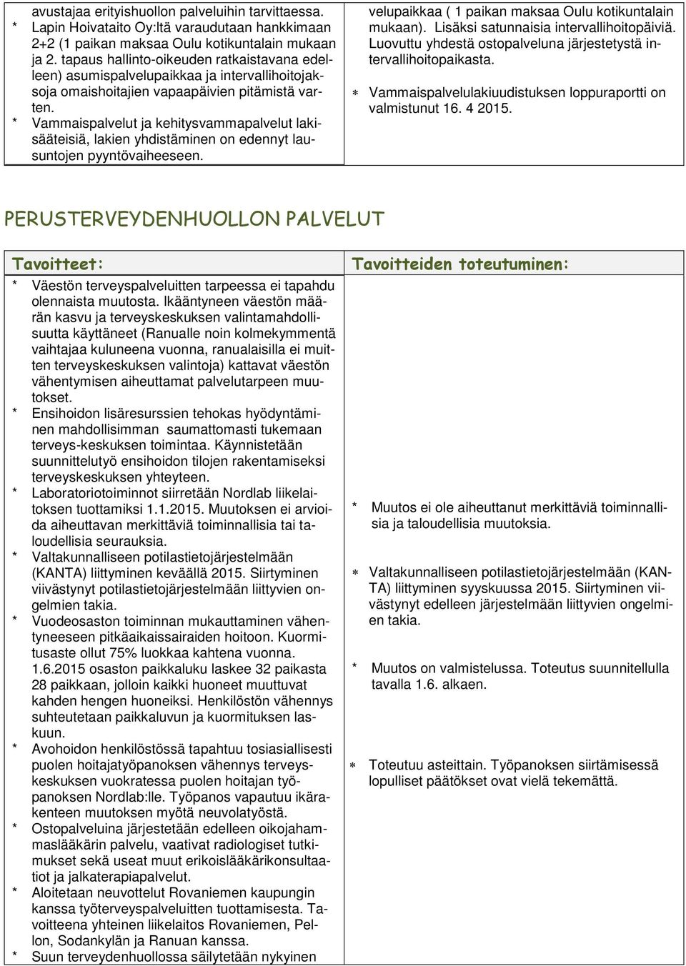 * Vammaispalvelut ja kehitysvammapalvelut lakisääteisiä, lakien yhdistäminen on edennyt lausuntojen pyyntövaiheeseen. velupaikkaa ( 1 paikan maksaa Oulu kotikuntalain mukaan).