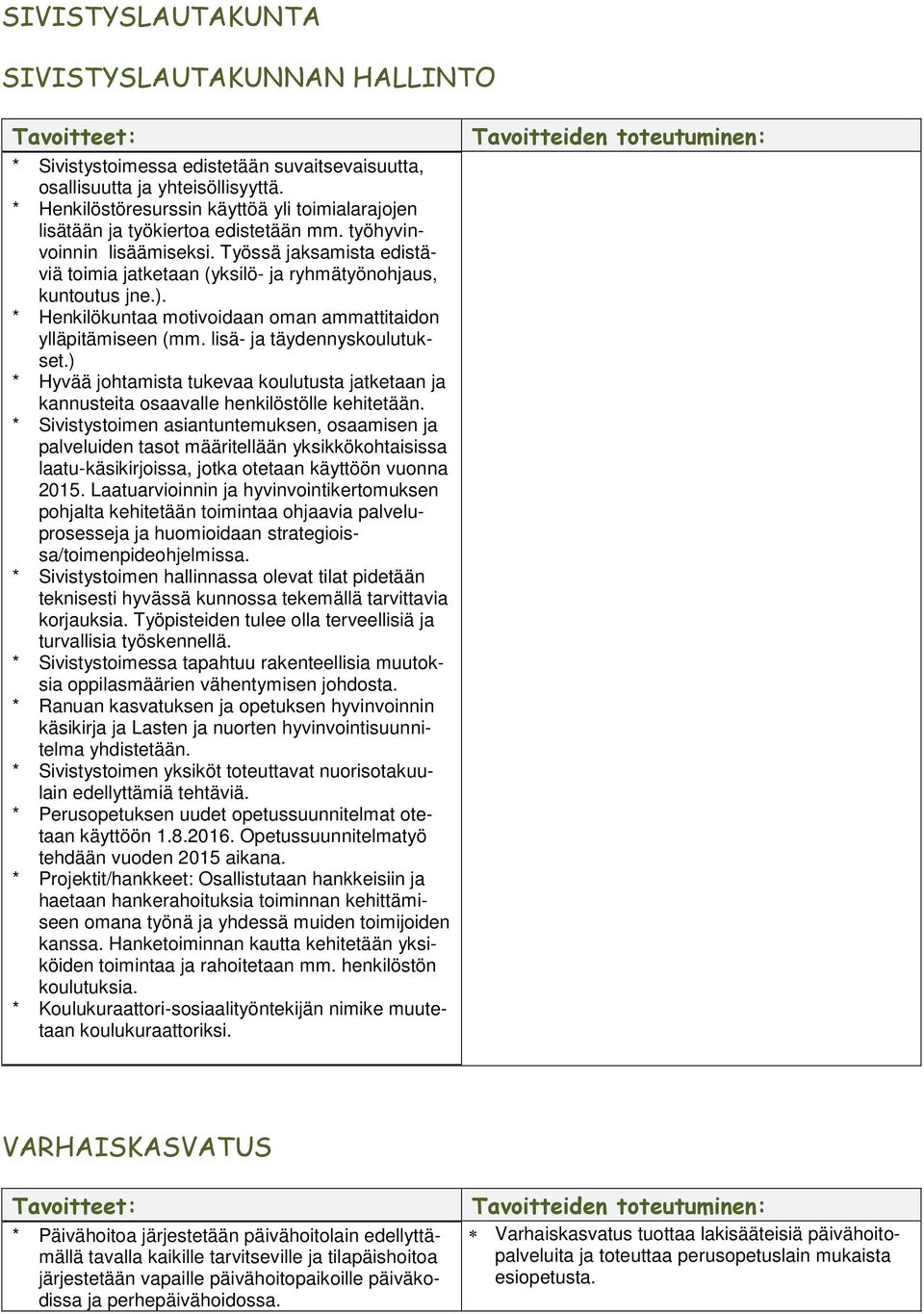 Työssä jaksamista edistäviä toimia jatketaan (yksilö- ja ryhmätyönohjaus, kuntoutus jne.). * Henkilökuntaa motivoidaan oman ammattitaidon ylläpitämiseen (mm. lisä- ja täydennyskoulutukset.