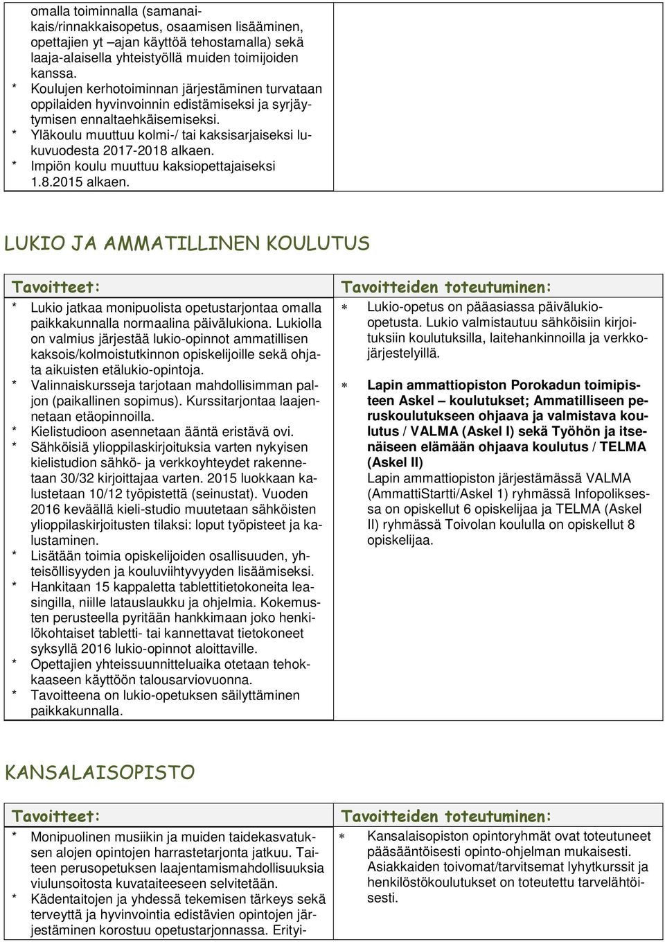 * Yläkoulu muuttuu kolmi-/ tai kaksisarjaiseksi lukuvuodesta 2017-2018 alkaen. * Impiön koulu muuttuu kaksiopettajaiseksi 1.8.2015 alkaen.