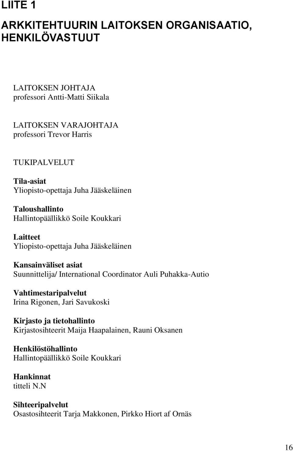 Kansainväliset asiat Suunnittelija/ International Coordinator Auli Puhakka-Autio Vahtimestaripalvelut Irina Rigonen, Jari Savukoski Kirjasto ja tietohallinto