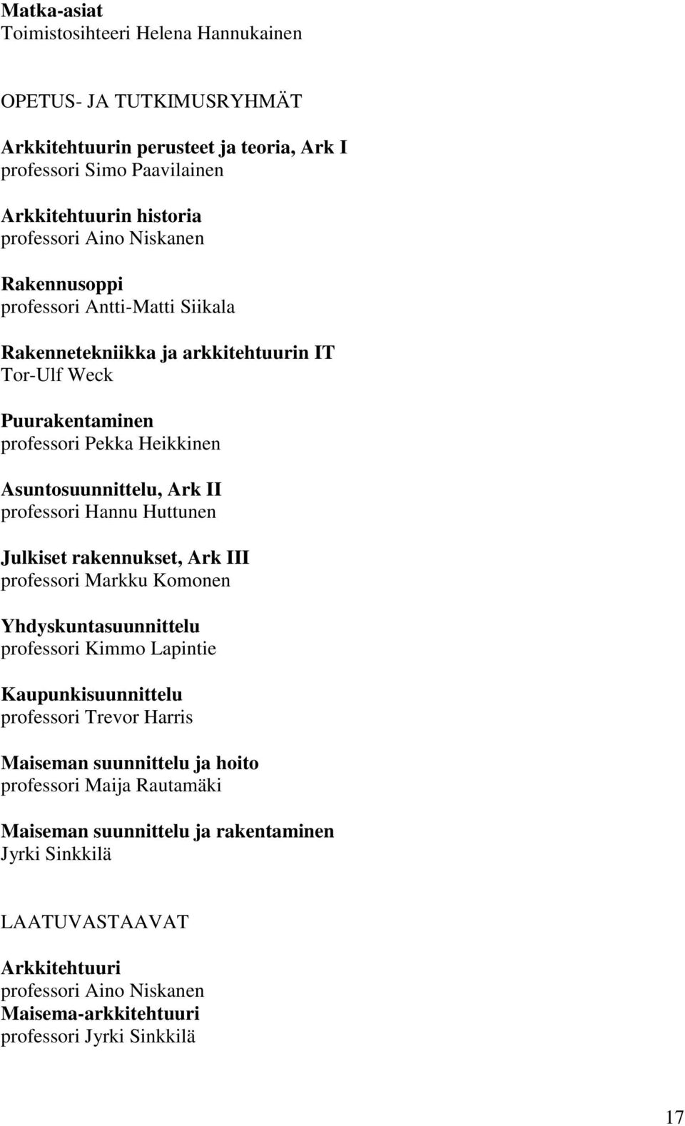 Hannu Huttunen Julkiset rakennukset, Ark III professori Markku Komonen Yhdyskuntasuunnittelu professori Kimmo Lapintie Kaupunkisuunnittelu professori Trevor Harris Maiseman suunnittelu