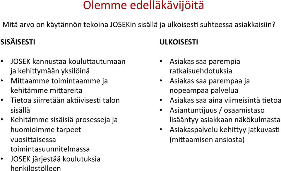 Kehitämme sisäisiä prosesseja ja huomioimme tarpeet vuosiaaisessa toimintasuunnitelmassa JOSEK järjestää koulutuksia henkilöstölleen ULKOISESTI Asiakas saa