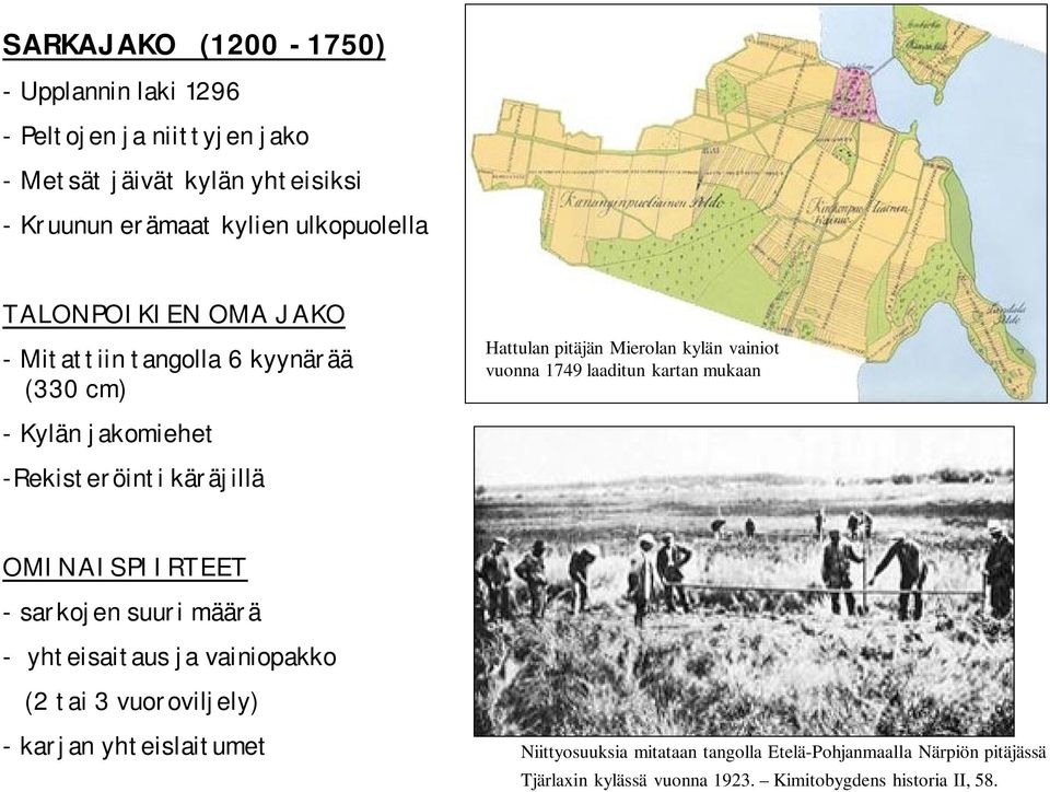 Kylän jakomiehet -Rekisteröinti käräjillä OMINAISPIIRTEET - sarkojen suuri määrä - yhteisaitaus ja vainiopakko (2 tai 3 vuoroviljely) - karjan