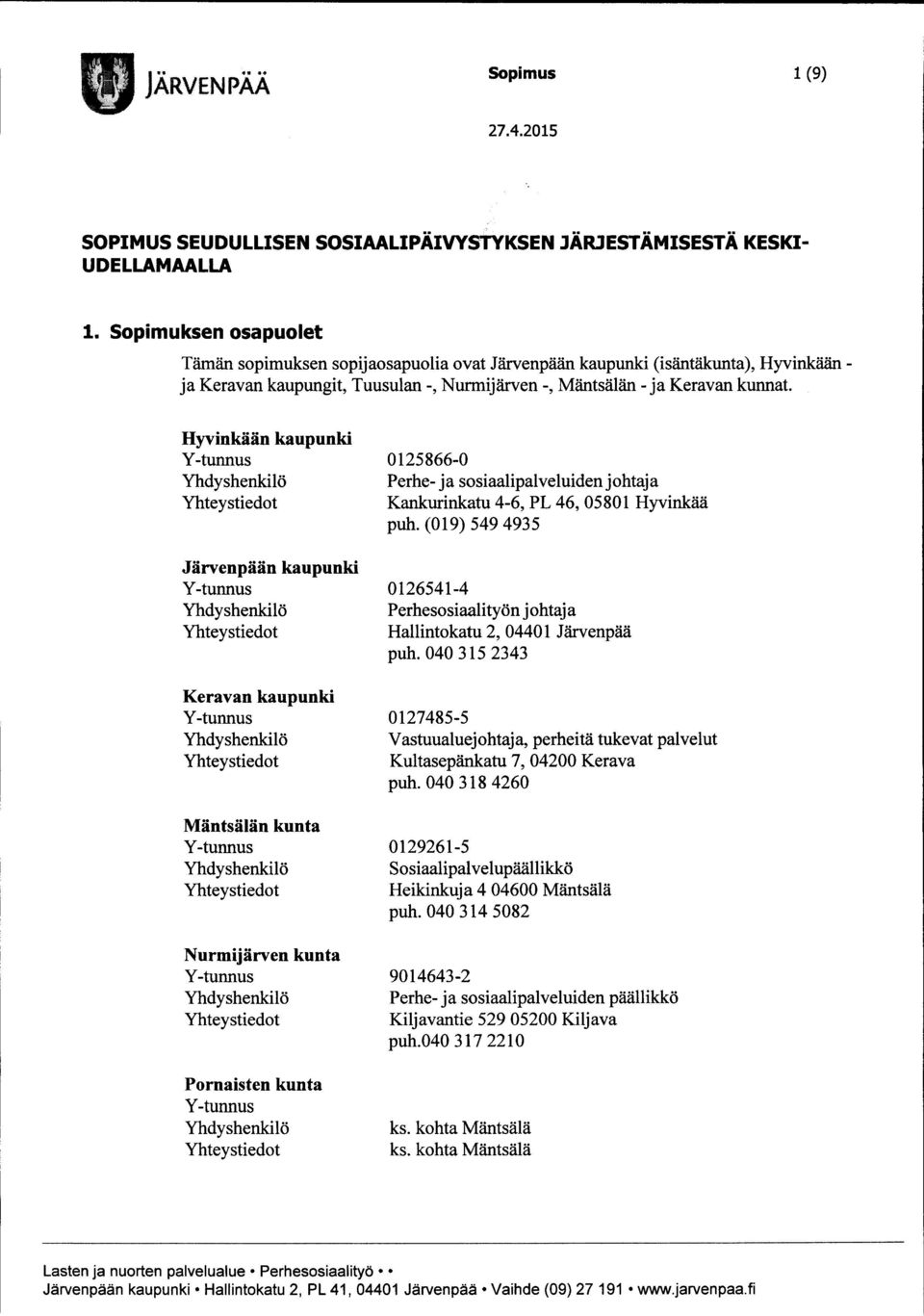 Hyvinkään kaupunki Järvenpään kaupunki Keravan kaupunki Mäntsälän kunta Nurmijärven kunta Pornaisten kunta 0125866-0 Perhe- ja sosiaalipalveluiden johtaja Kankurinkatu 4-6, PL 46, 05801 Hyvinkää puh.