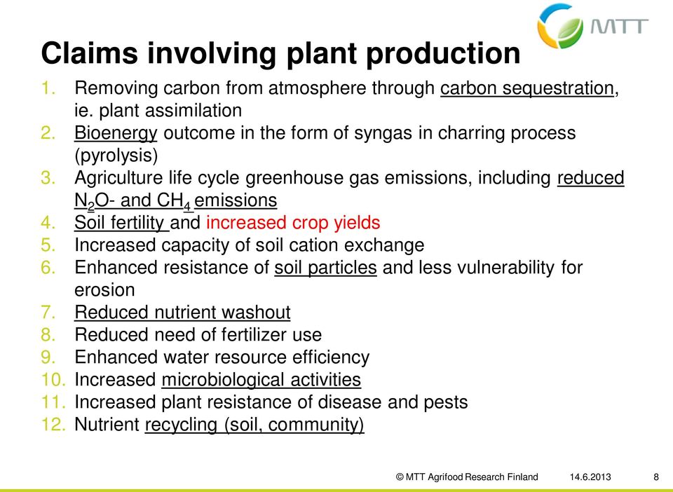 Soil fertility and increased crop yields 5. Increased capacity of soil cation exchange 6. Enhanced resistance of soil particles and less vulnerability for erosion 7.