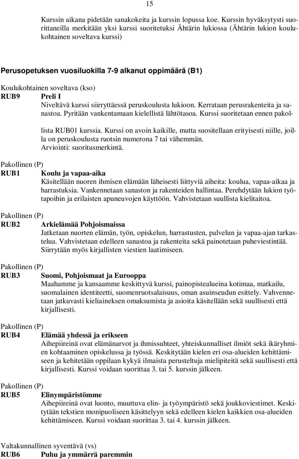 Preli I Niveltävä kurssi siirryttäessä peruskoulusta lukioon. Kerrataan perusrakenteita ja sanastoa. Pyritään vankentamaan kielellistä lähtötasoa. Kurssi suoritetaan ennen pakol- lista RUB01 kurssia.