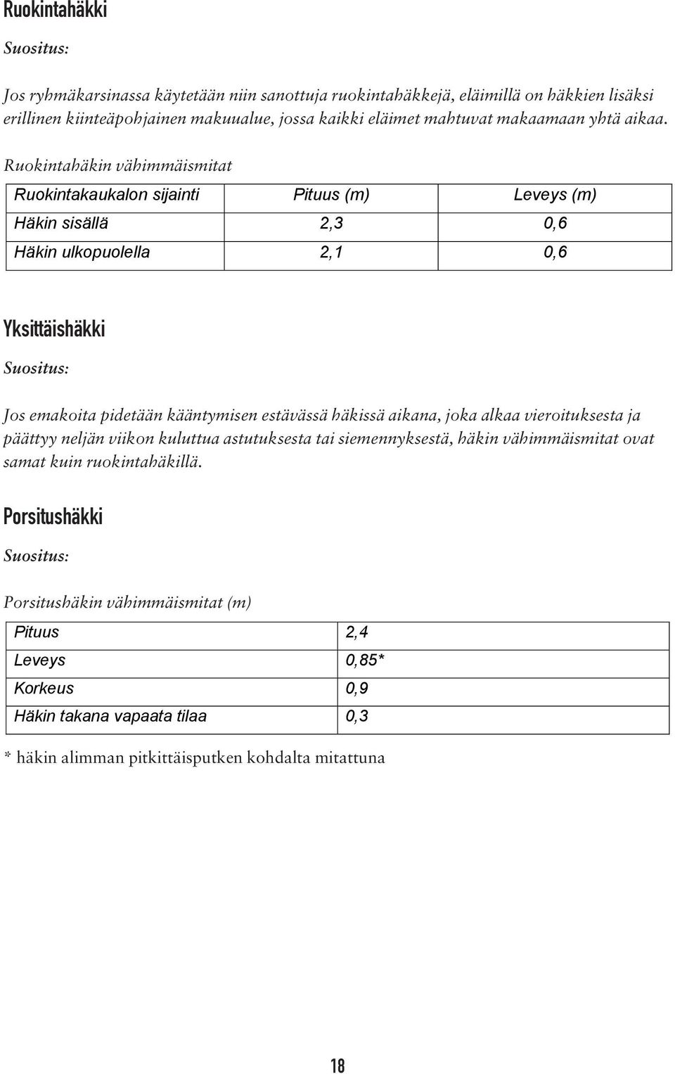 Ruokintahäkin vähimmäismitat Ruokintakaukalon sijainti Pituus (m) Leveys (m) Häkin sisällä 2,3 0,6 Häkin ulkopuolella 2,1 0,6 Yksittäishäkki Jos emakoita pidetään kääntymisen