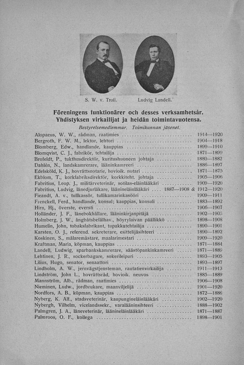 , tukthusdirektör, kuritushuoneen johtaja 18801882 Dahlén, N., landskamrerare, lääninkamreeri 18861897 Edelsköld, K. J., hovrättsnotarie, hovioik. notari Ekblom, T., korkfabriksdirektör, korkkiteht.