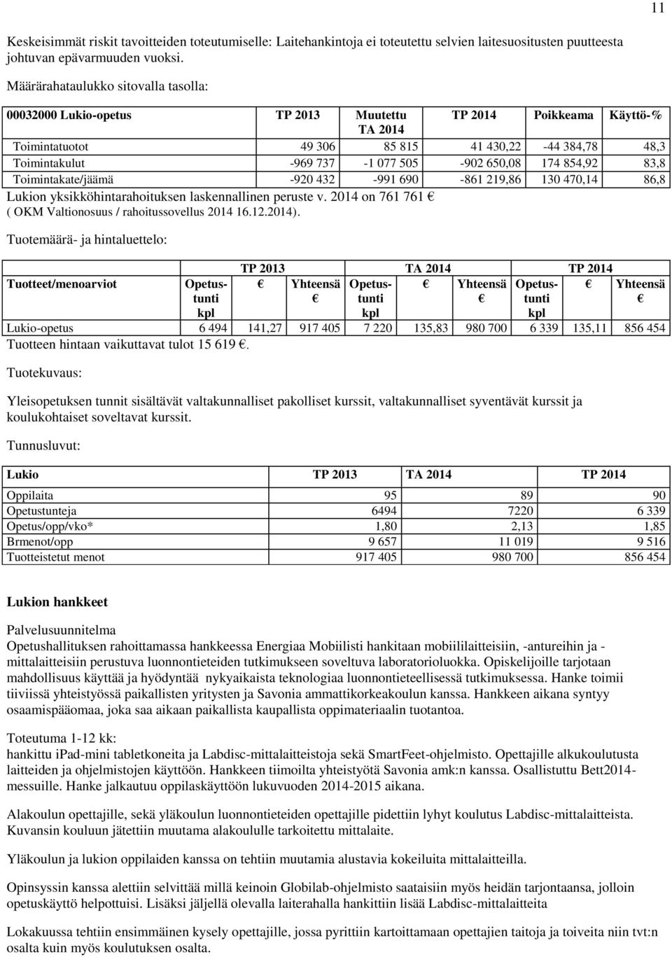 -920 432-991 690-861 219,86 130 470,14 86,8 Lukion yksikköhintarahoituksen laskennallinen peruste v. 2014 on 761 761 ( OKM Valtionosuus / rahoitussovellus 2014 16.12.2014).