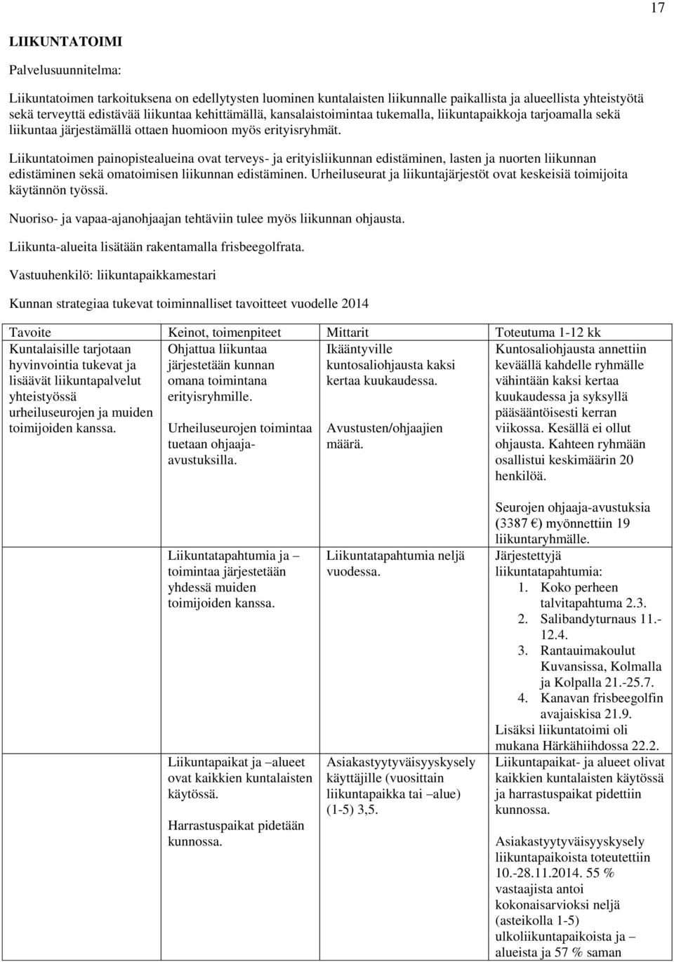 Liikuntatoimen painopistealueina ovat terveys- ja erityisliikunnan edistäminen, lasten ja nuorten liikunnan edistäminen sekä omatoimisen liikunnan edistäminen.