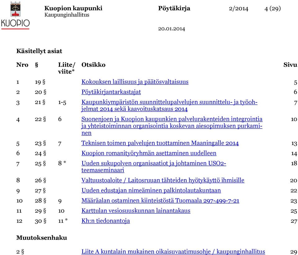 aiesopimuksen purkaminen 5 23 7 Teknisen toimen palvelujen tuottaminen Maaningalle 2014 13 6 24 Kuopion romanityöryhmän asettaminen uudelleen 14 7 25 8 * Uuden sukupolven organisaatiot ja johtaminen