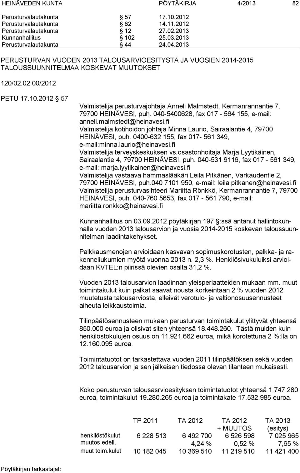 2012 57 Valmistelija perusturvajohtaja Anneli Malmstedt, Kermanrannantie 7, Valmistelija kotihoidon johtaja Minna Laurio, Sairaalantie 4, 79700 HEINÄVESI, puh.