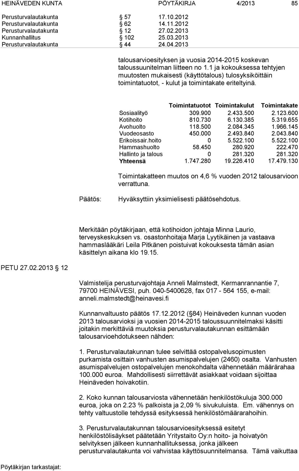 1 ja kokouksessa tehtyjen muutosten mukaisesti (käyttötalous) tulosyksiköittäin toimintatuotot, - kulut ja toimintakate eriteltyinä. Toimintatuo tot Toimintaku lut Toimintaka te Sosiaalityö 309.900 2.