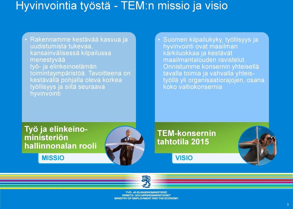 Tavoitteena on kestävällä pohjalla oleva korkea työllisyys ja siitä seuraava hyvinvointi Suomen kilpailukyky, työllisyys ja hyvinvointi ovat maailman