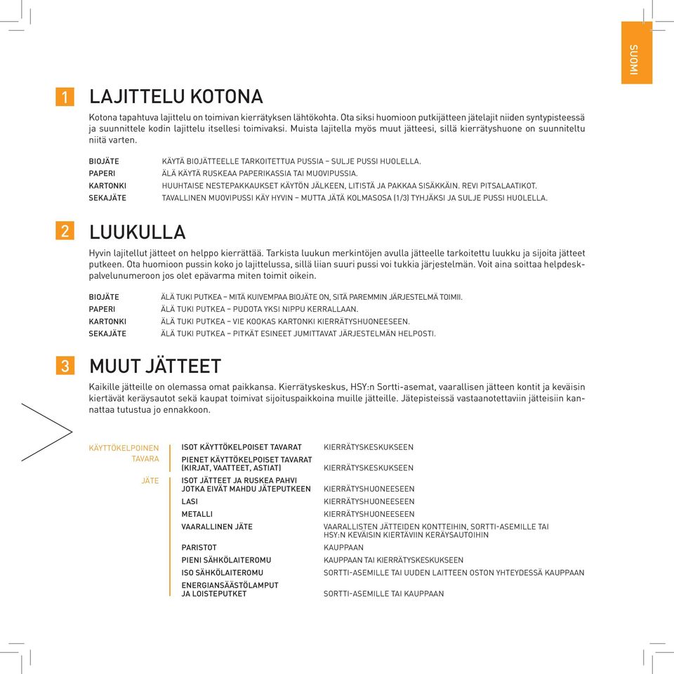 Muista lajitella myös muut jätteesi, sillä kierrätyshuone on suunniteltu niitä varten. BIOJÄTE PAPERI KARTONKI SEKAJÄTE KÄYTÄ BIOJÄTTEELLE TARKOITETTUA PUSSIA SULJE PUSSI HUOLELLA.