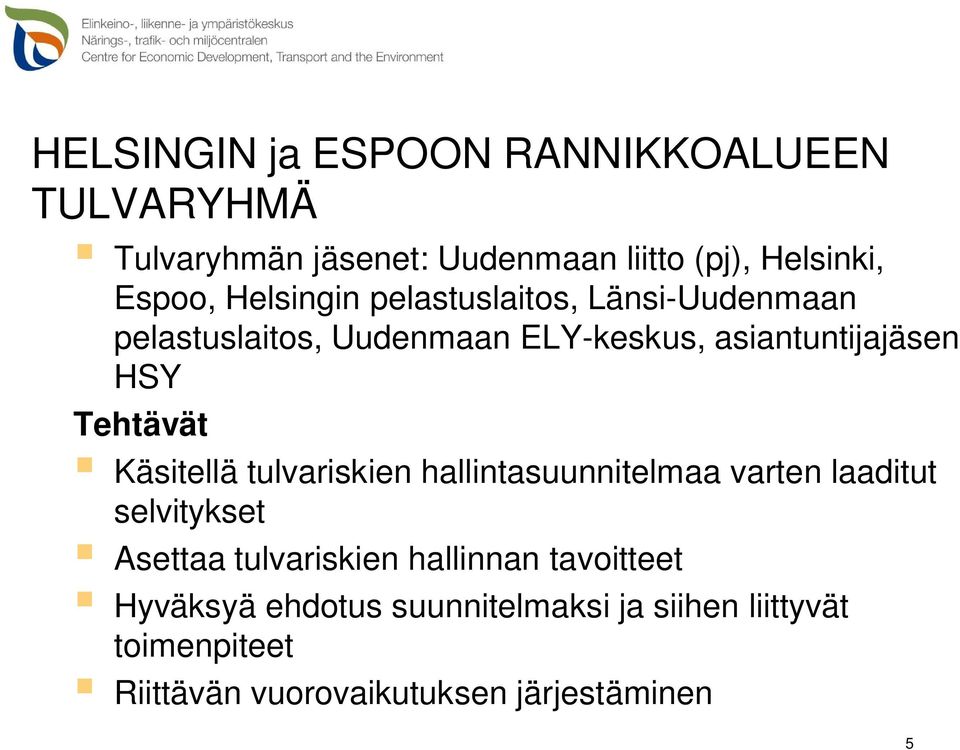 Tehtävät Käsitellä tulvariskien hallintasuunnitelmaa varten laaditut selvitykset Asettaa tulvariskien