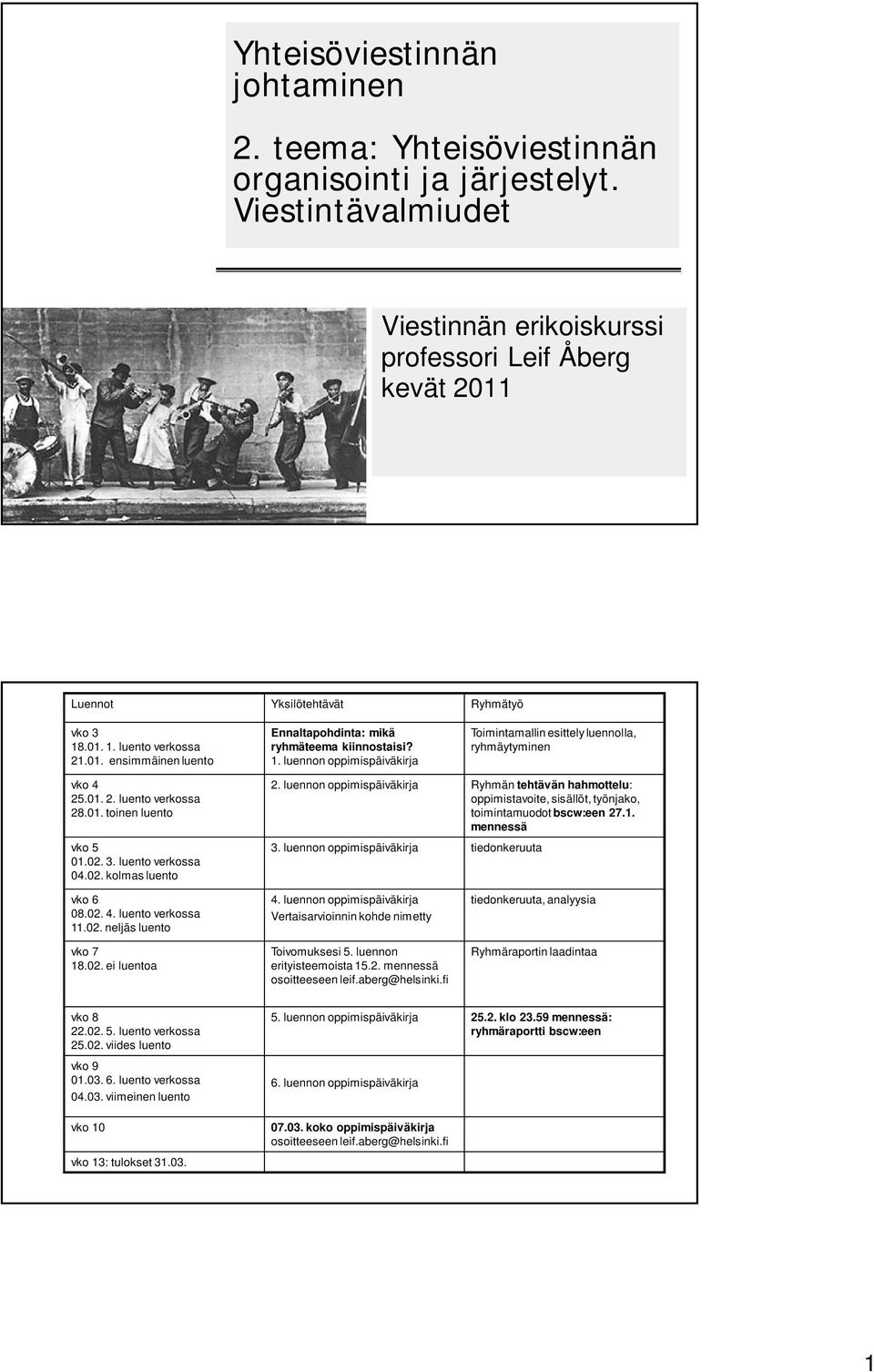 1. luennon oppimispäiväkirja Toimintamallin esittely luennolla, ryhmäytyminen vko4 25.01. 2. luento verkossa 28.01. toinen luento vko5 01.02. 3. luento verkossa 04.02. kolmas luento 2.