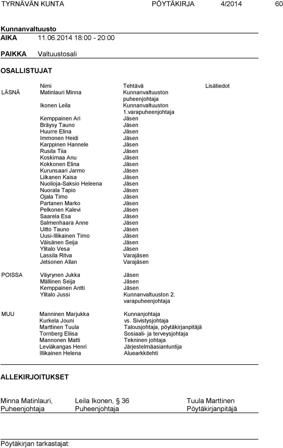 varapuheenjohtaja Kemppainen Ari Bräysy Tauno Huurre Elina Immonen Heidi Karppinen Hannele Rusila Tiia Koskimaa Anu Kokkonen Elina Kurunsaari Jarmo Liikanen Kaisa Nuolioja-Saksio Heleena Nuorala