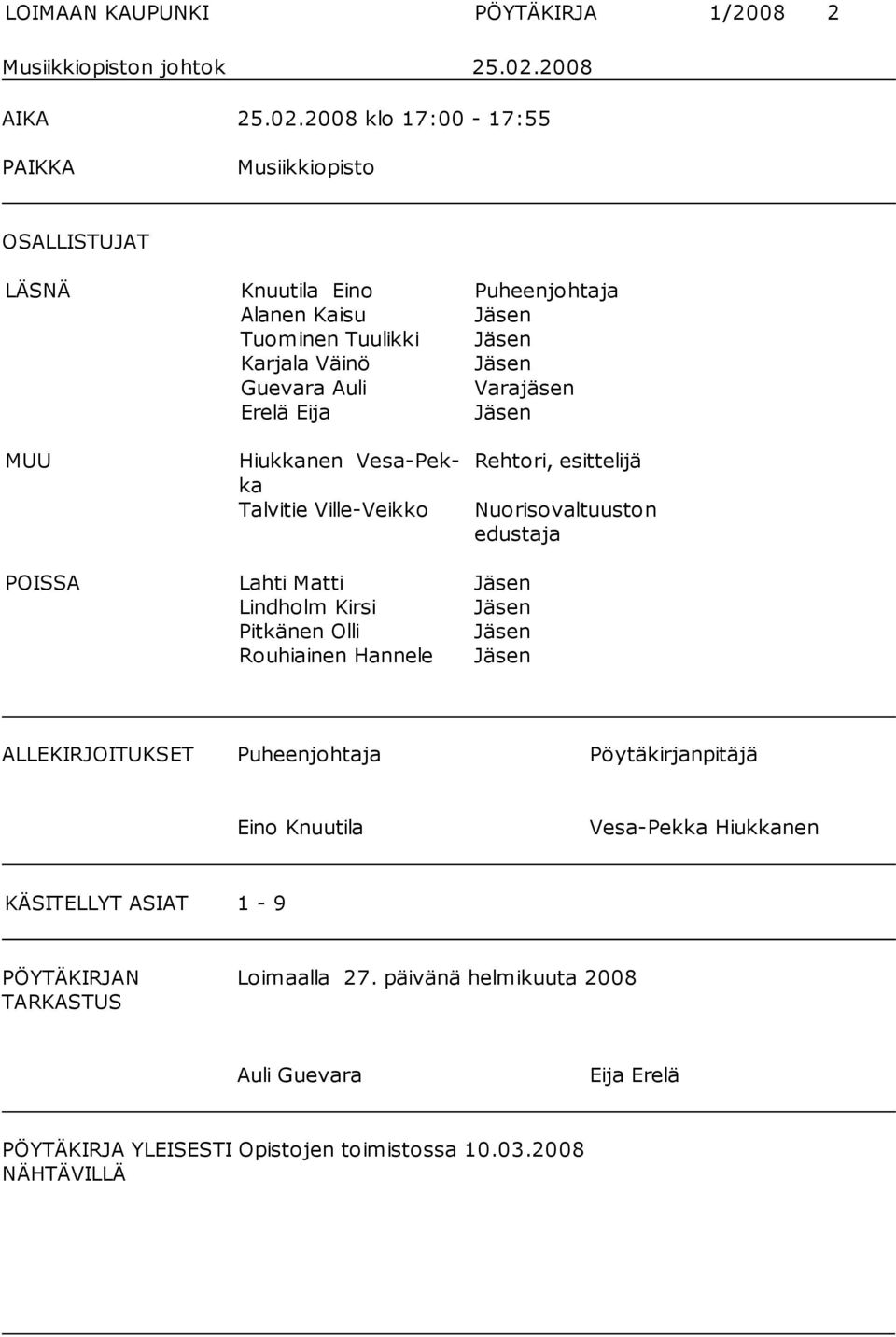 2008 klo 17:00-17:55 PAIKKA Musiikkiopisto OSALLISTUJAT LÄSNÄ Knuutila Eino Puheenjohtaja Alanen Kaisu Jäsen Tuominen Tuulikki Jäsen Karjala Väinö Jäsen Guevara Auli Varajäsen