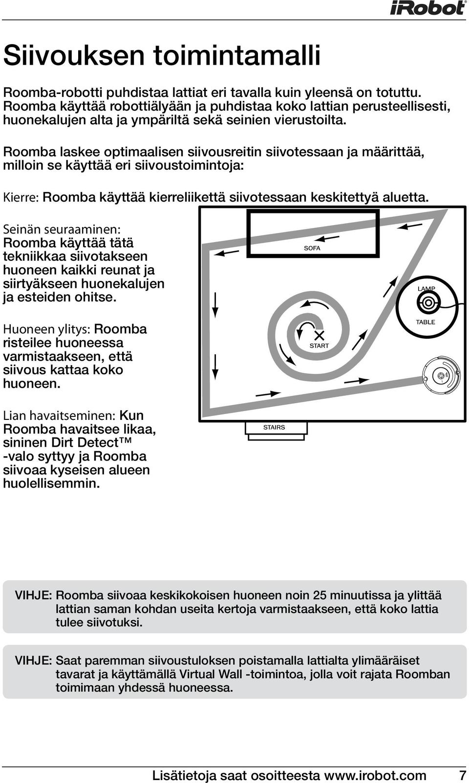 Roomba laskee optimaalisen siivousreitin siivotessaan ja määrittää, milloin se käyttää eri siivoustoimintoja: Kierre: Roomba käyttää kierreliikettä siivotessaan keskitettyä aluetta.