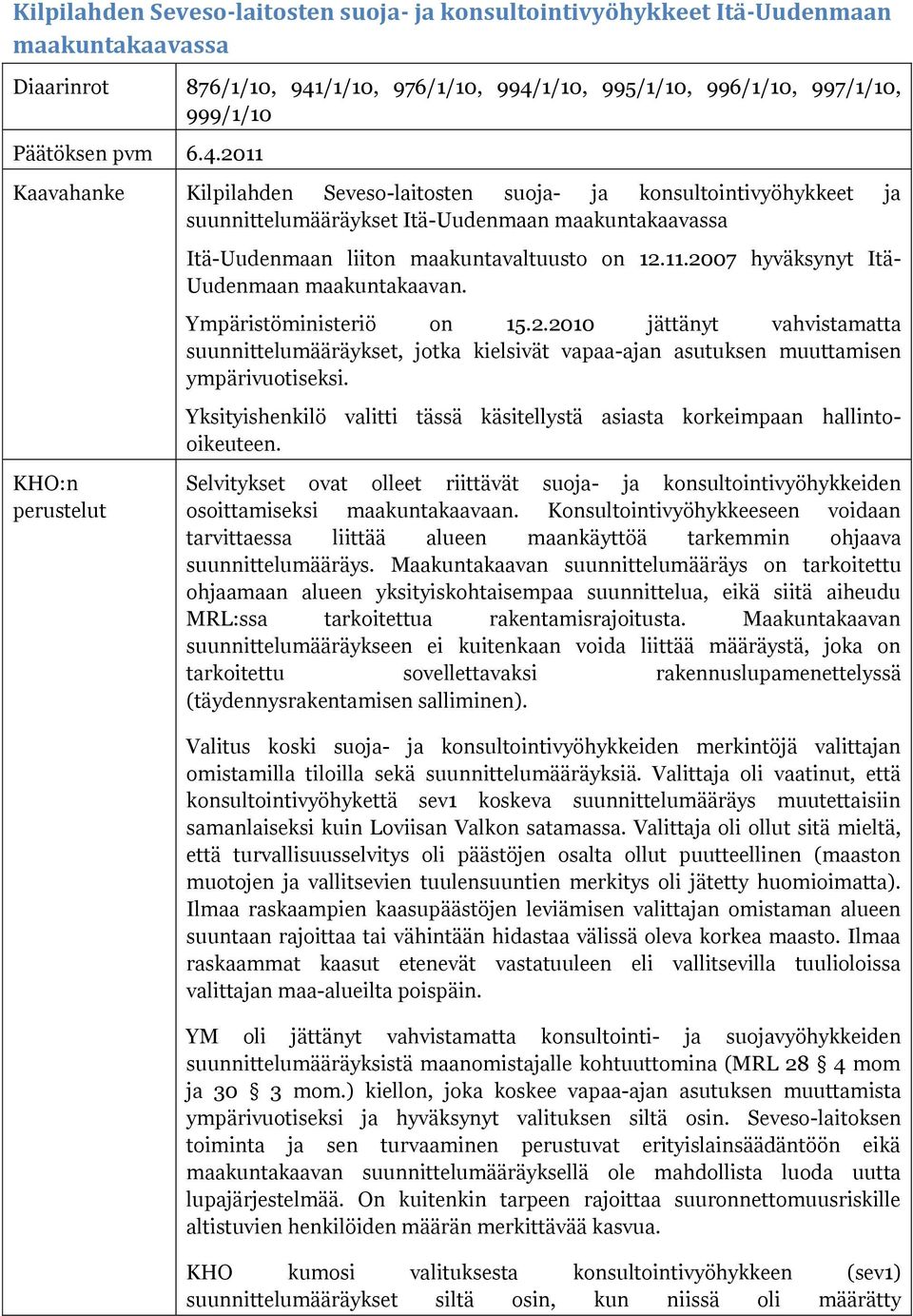 Ympäristöministeriö on 15.2.2010 jättänyt vahvistamatta suunnittelumääräykset, jotka kielsivät vapaa-ajan asutuksen muuttamisen ympärivuotiseksi.