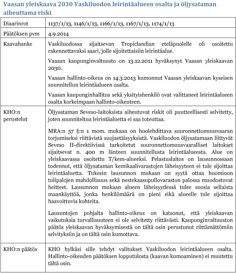 2011 hyväksynyt Vaasan yleiskaavan 2030. Vaasan hallinto-oikeus on 14.3.2013 kumonnut Vaasan yleiskaavan kyseisen suunnitellun leirintäalueen osalta.