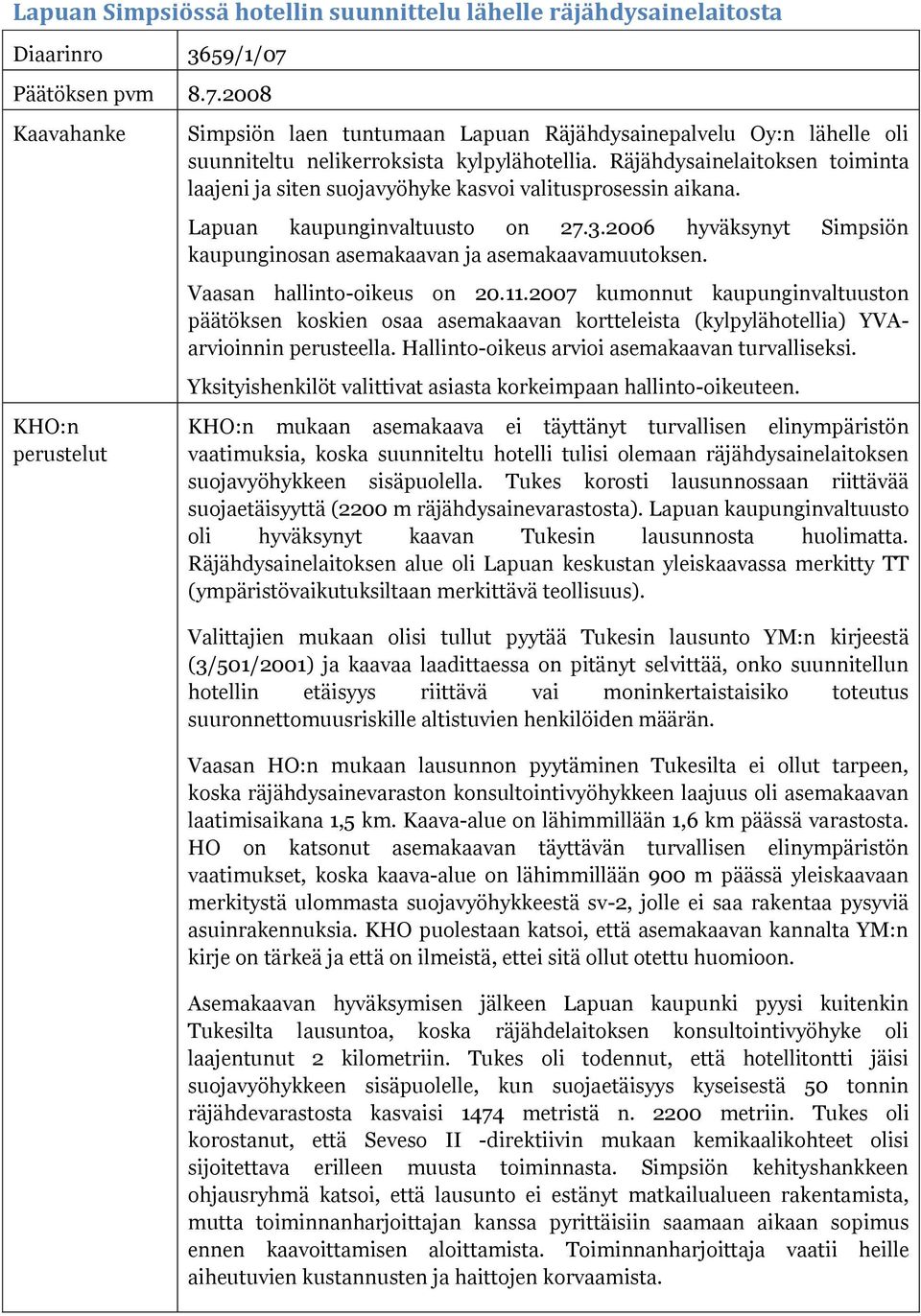 Räjähdysainelaitoksen toiminta laajeni ja siten suojavyöhyke kasvoi valitusprosessin aikana. Lapuan kaupunginvaltuusto on 27.3.