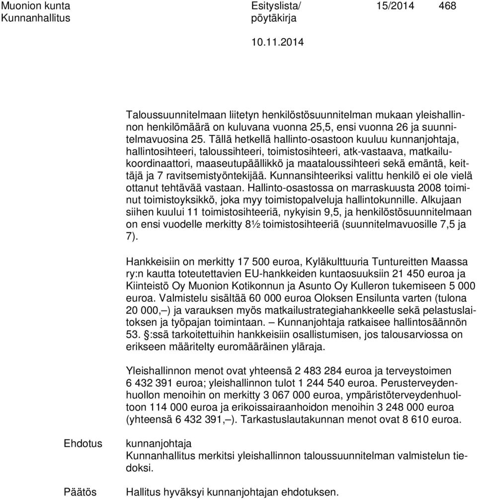 keittäjä ja 7 ravitsemistyöntekijää. Kunnansihteeriksi valittu henkilö ei ole vielä ottanut tehtävää vastaan.