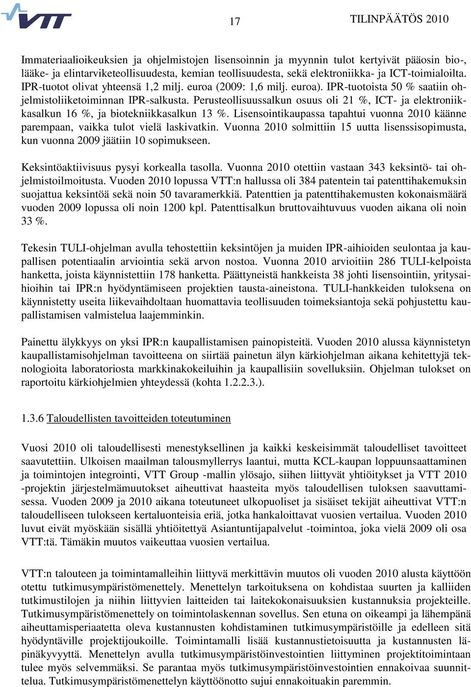 Perusteollisuussalkun osuus oli 21 %, ICT- ja elektroniikkasalkun 16 %, ja biotekniikkasalkun 13 %. Lisensointikaupassa tapahtui vuonna 2010 käänne parempaan, vaikka tulot vielä laskivatkin.