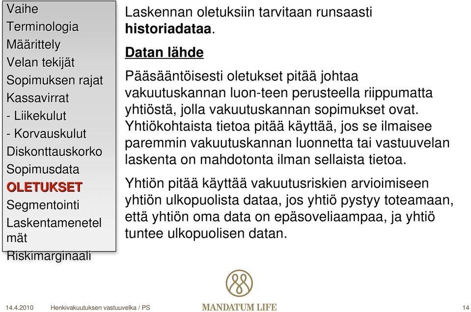 Yhtiökohtaista tietoa pitää käyttää, jos se ilmaisee paremmin vakuutuskannan luonnetta tai vastuuvelan laskenta on mahdotonta ilman sellaista tietoa.