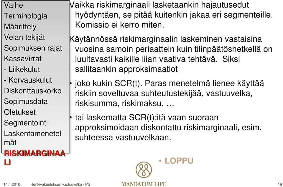 Käytännössä riskimarginaalin laskeminen vastaisina vuosina samoin periaattein kuin tilinpäöshetkellä on luultavasti kaikille liian vaativa tehtävä.