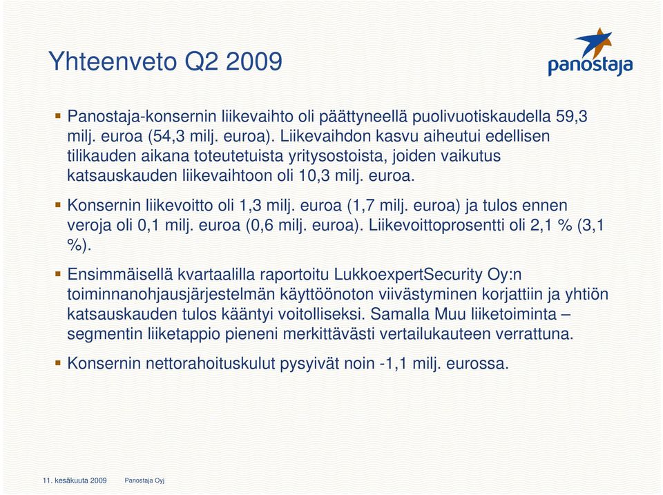 euroa (1,7 milj. euroa) ja tulos ennen veroja oli 0,1 milj. euroa (0,6 milj. euroa). Liikevoittoprosentti oli 2,1 % (3,1 %).