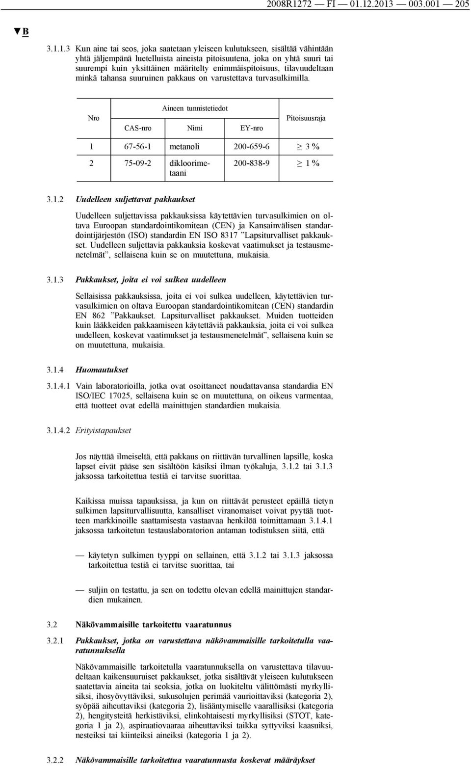 12.2013 003.001 205 3.1.1.3 Kun aine tai seos, joka saatetaan yleiseen kulutukseen, sisältää vähintään yhtä jäljempänä luetelluista aineista pitoisuutena, joka on yhtä suuri tai suurempi kuin