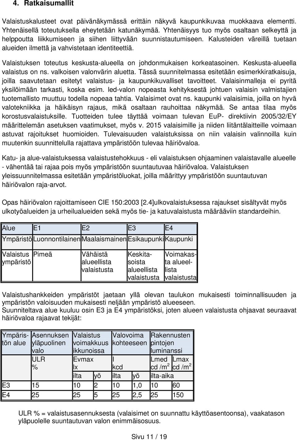 Valaistuksen toteutus keskusta-alueella on johdonmukaisen korkeatasoinen. Keskusta-alueella valaistus on ns. valkoisen valonvärin aluetta.