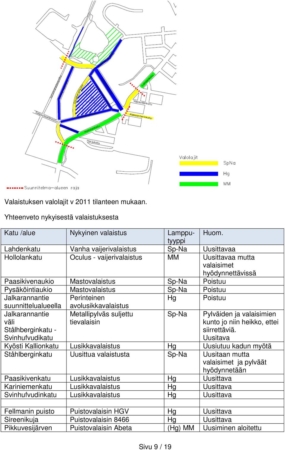 Mastovalaistus Sp-Na Poistuu Jalkarannantie Perinteinen Hg Poistuu suunnittelualueella avolusikkavalaistus Jalkarannantie väli Stålhberginkatu - Svinhufvudikatu Metallipylväs suljettu tievalaisin