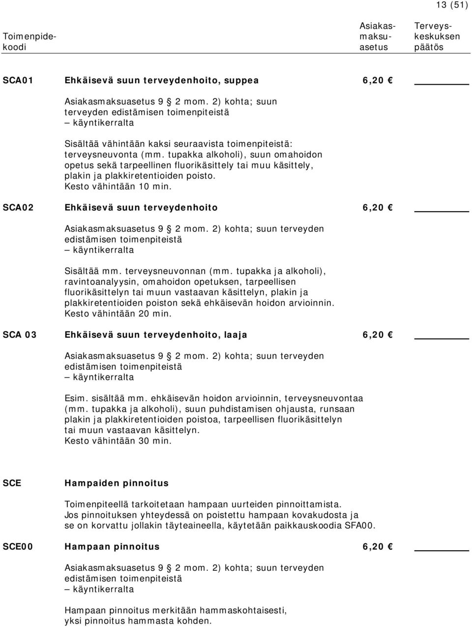 tupakka alkoholi), suun omahoidon opetus sekä tarpeellinen fluorikäsittely tai muu käsittely, plakin ja plakkiretentioiden poisto. Kesto vähintään 10 min.